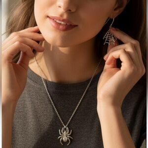 Super cute silver spider necklace with web earrings! New!